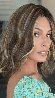 Model is wearin SOMERS by ESTETICA in color CKISSRT4 | Golden Brown with Copper Blonde Highlights and Dark Brown Roots