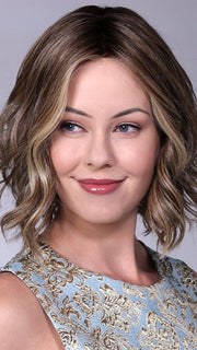 SPADE by BelleTress in SUNKISSED ALMOND R | A blend of Medium and Light Brown with Light Gold Blonde Highlights and a hint of Cooler Blonde, rooted with Medium and Light Brown