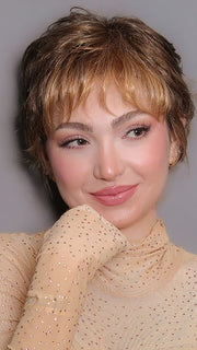 Maha wearing SPARKLE by RAQUEL WELCH in R9F26 MOCHA FOIL | Warm Medium Brown with Medium Golden Blonde Highlights Around the Face