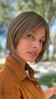 Roxie wearing STAR by ELLEN WILLE in CARAMEL MIX | Dark Honey Blonde, Lightest Brown, and Medium Gold Blonde BlendRoxie wearing STAR by ELLEN WILLE in MOCCA MIX | Medium Brown, Light Brown, and Light Auburn Blend