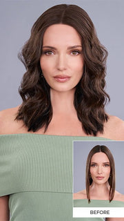 Model is wearing TOP TREND LACE WAVY 14" by JON RENAU in color 6 FUDGESICLE | Brown