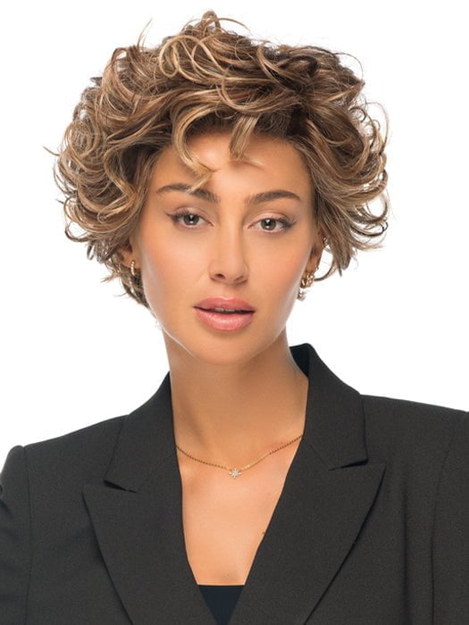 Model is wearing TWISTED PIXIE in color EL17/23/R8 | Pale Auburn Beige Blonde Blend, Rooted Medium Brown, Highlighted Light Blonde with face framimg highlights