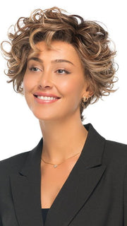 TWISTED PIXIE in color EL17/23/R8 | Pale Auburn Beige Blonde Blend, Rooted Medium Brown, Highlighted Light Blonde with face framimg highlights