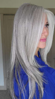 Natalie @vanish.into.thin.hair wearing SCENE STEALER by RAQUEL WELCH WIGS in color RL51/61 ICED GRANITA | Lightest Grey Progresses to a Deep Grey at the Nape