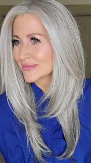 Natalie @vanish.into.thin.hair wearing SCENE STEALER by RAQUEL WELCH WIGS in color RL51/61 ICED GRANITA | Lightest Grey Progresses to a Deep Grey at the Nape