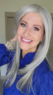 Natalie @vanish.into.thin.hair wearing SCENE STEALER by RAQUEL WELCH WIGS in color RL51/61 ICED GRANITA | Lightest Grey Progresses to a Deep Grey at the Nape