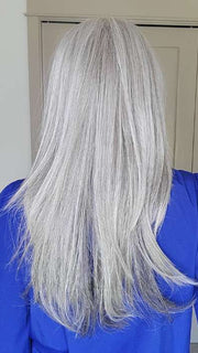 Natalie @vanish.into.thin.hair wearing SCENE STEALER by RAQUEL WELCH WIGS in color RL51/61 ICED GRANITA | Lightest Grey Progresses to a Deep Grey at the Nape