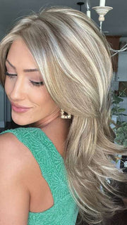 Jenna Fail @jenna_fail wearing SHEENA by ENVY BY ALAN EATON in color DARK BLONDE | 2 toned blend of Dark Honey Blonde with Lighter Blonde highlights