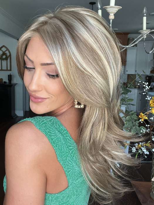 Jenna Fail @jenna_fail wearing SHEENA by ENVY BY ALAN EATON in color DARK BLONDE | 2 toned blend of Dark Honey Blonde with Lighter Blonde highlights
