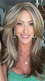Jenna Fail @jenna_fail wearing SHEENA by ENVY BY ALAN EATON in color DARK BLONDE | 2 toned blend of Dark Honey Blonde with Lighter Blonde highlights