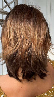 Jenna Fail @jenna_fail wearing ROSE by ENVY BY ALAN EATON in color CHOCOLATE-CARAMEL | Medium Brown with Soft Red and Blonde highlights