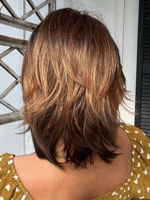 Jenna Fail @jenna_fail wearing ROSE by ENVY BY ALAN EATON in color CHOCOLATE-CARAMEL | Medium Brown with Soft Red and Blonde highlights