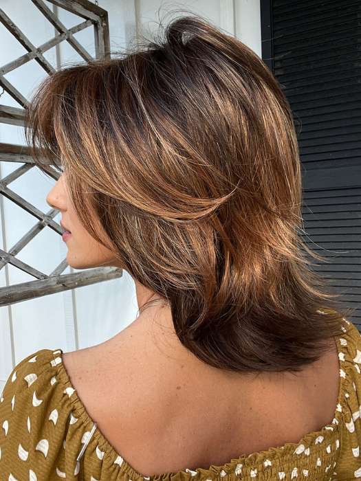 Jenna Fail @jenna_fail wearing ROSE by ENVY BY ALAN EATON in color CHOCOLATE-CARAMEL | Medium Brown with Soft Red and Blonde highlights