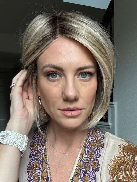 Jenny B. @thewiggygirl wearing Straight Up With a Twist Elite by Raquel Welch in color RL19/23SS SHADED BISCUIT | Light Ash Blonde Evenly Blended with Cool Platinum Blonde with Dark Roots