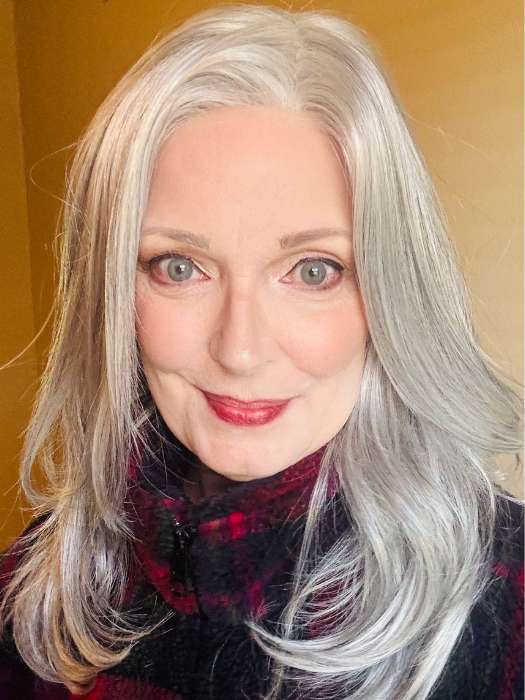 Mel B. @mels.be.ageless wearing BELINDA by ENVY BY ALAN EATON in color 56 MEDIUM GREY | Salt and Pepper Grey 50% Medium Brown 50% Grey