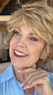 Susan @an_affair_with_hair wearing WHITNEY by ENVY BY ALAN EATON in color SPARKLING CHAMPAGNE | Medium Brown roots with overall Strawberry Blonde base and soft Golden Blonde highlights