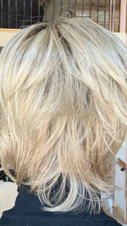 Susan @an_affair_with_hair wearing WHITNEY by ENVY BY ALAN EATON in color SPARKLING CHAMPAGNE | Medium Brown roots with overall Strawberry Blonde base and soft Golden Blonde highlights