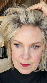 Susan @an_affair_with_hair wearing WHITNEY by ENVY BY ALAN EATON in color SPARKLING CHAMPAGNE | Medium Brown roots with overall Strawberry Blonde base and soft Golden Blonde highlights