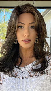 Jenna Fail @jenna_fail wearing JOY by ENVY BY ALAN EATON in shade AMARETTO-CREAM | Dark Brown roots with overall Medium Brown base with Honey Blonde highlights