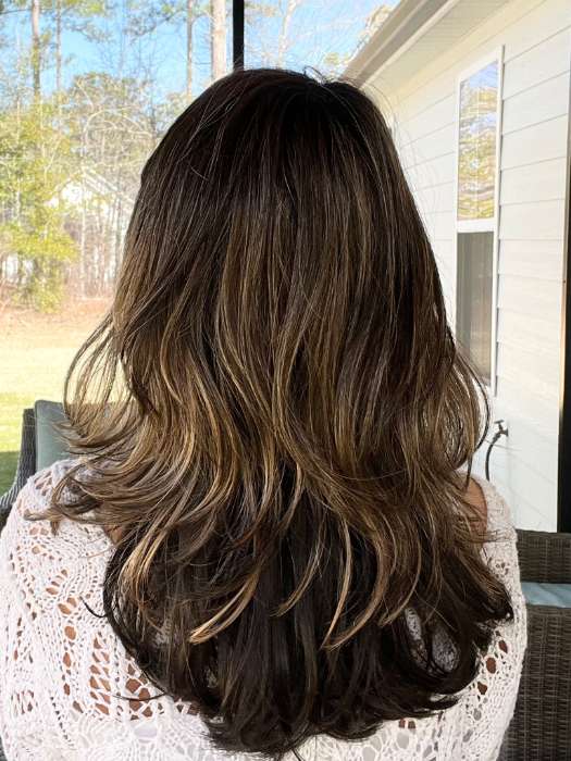 Jenna Fail @jenna_fail wearing JOY by ENVY BY ALAN EATON in shade AMARETTO-CREAM | Dark Brown roots with overall Medium Brown base with Honey Blonde highlights