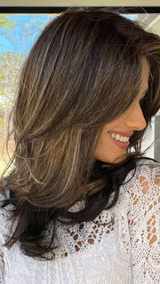 Jenna Fail @jenna_fail wearing JOY by ENVY BY ALAN EATON in shade AMARETTO-CREAM | Dark Brown roots with overall Medium Brown base with Honey Blonde highlights
