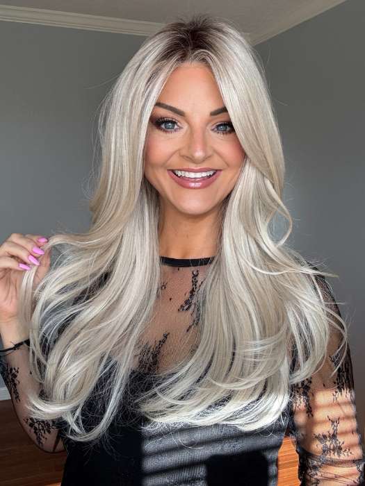 Sandy @i_be_wiggin wearing FEATURE LENGTH by Raquel Welch in color RL16/22SS SHADED ICED SWEET CREAM | Pale Blonde with Slight Platinum Highlighting with Dark Roots