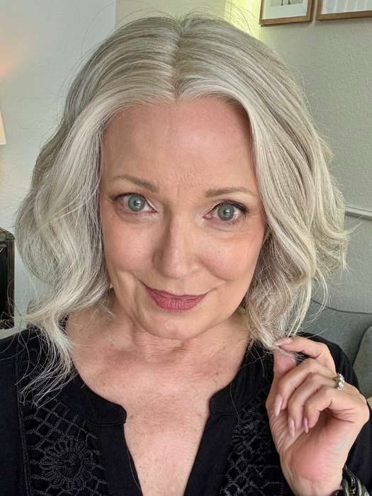 Mel B. @mels.be.ageless wearing SPADE by BelleTress in shade OYSTER | A blend of Light Grey, Silver, White and with a Dark Gray Mix on the nape