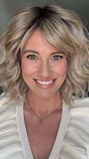 Jenny B. @thewiggygirl wearing CONQUER THE WAVES by GABOR in color SS BISCUIT GF19-23SS BISCUIT | Light Ash Blonde Evenly Blended with Cool Platinum Blonde with Dark Roots