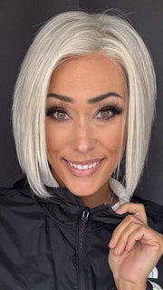 Nichole Corbett @nicholealee wearing Ignite HH by Jon Renau in shade 56F51 OYSTER | Light Grey with 20% Medium Brown Front, graduating to Grey with 30% Medium Brown Nape