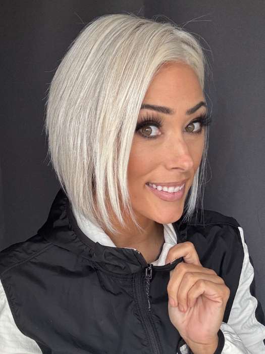 Nichole Corbett @nicholealee wearing Ignite HH by Jon Renau in shade 56F51 OYSTER | Light Grey with 20% Medium Brown Front, graduating to Grey with 30% Medium Brown Nape