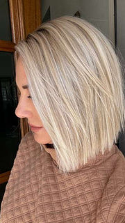 Jenny B. @thewiggygirl wearing SANTA MONICA by BELLETRESS in color CRUSHED ALMOND BLONDE R | A soft Neutral Light Blonde with a Light and Medium Blended Root Color.
