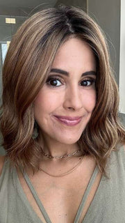 Lorena @faux.hurr.lifee wearing CHARLOTTE by ENVY BY ALAN EATON in color CINNAMON TOFFEE | Neutral to Warm Light Brown with Dark Brown Roots