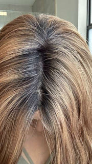 Lorena @faux.hurr.lifee wearing CHARLOTTE by ENVY BY ALAN EATON in color CINNAMON TOFFEE | Neutral to Warm Light Brown with Dark Brown Roots