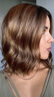 Lorena @faux.hurr.lifee wearing CHARLOTTE by ENVY BY ALAN EATON in color CINNAMON TOFFEE | Neutral to Warm Light Brown with Dark Brown Roots