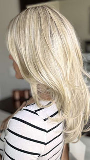 Kristyna @kristynamoore wearing CELESTE by JON RENAU in color FS17/101S18 PALM SPRINGS BLONDE | Light Ash Blonde with Pure White Natural Violet Bold Highlights, Shaded with Dark Natural Ash Blonde