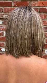 Jen Brown @being_mrs_brown wearing GLAM ERA by GABOR in color GF12-22SS SHADED CAPPUCCINO | Light Golden Brown Evenly Blended with Cool Platinum Blonde Highlights with Dark Roots