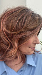 Mel B. @mels.be.ageless wearing DELIGHT by ELLEN WILLE in color ROSEWOOD ROOTED | Medium Brown, Caramel, and Rose Gold blend with Shaded Roots
