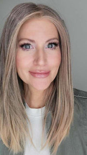 Natalie @vanish.into.thin.hair wearing SLEEK by ELLEN WILLE in color POWDER BLONDE TIPPED | Light Brown and Lightest Ash Blonde with Red Violet Blended with Pale Pink and Lighter Tipped Ends