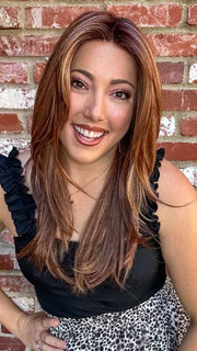Jen @being_mrs_brown wearing SIZZLE by TRESSALLURE in color 33/32/R4 | Dark Auburn Blended with Dark Brown and Dark Roots
