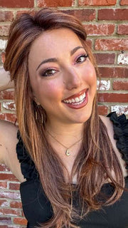 Jen @being_mrs_brown wearing SIZZLE by TRESSALLURE in color 33/32/R4 | Dark Auburn Blended with Dark Brown and Dark Roots
