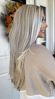 Nichole @nicholealee wearing AVERY by JON RENAU in color FS17/101S18 PALM SPRINGS BLONDE | Light Ash Blonde with Pure White Natural Violet Bold Highlights, Shaded with Dark Natural Ash Blonde
