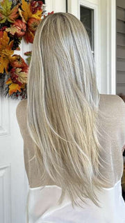 Nichole @nicholealee wearing AVERY by JON RENAU in color FS17/101S18 PALM SPRINGS BLONDE | Light Ash Blonde with Pure White Natural Violet Bold Highlights, Shaded with Dark Natural Ash Blonde
