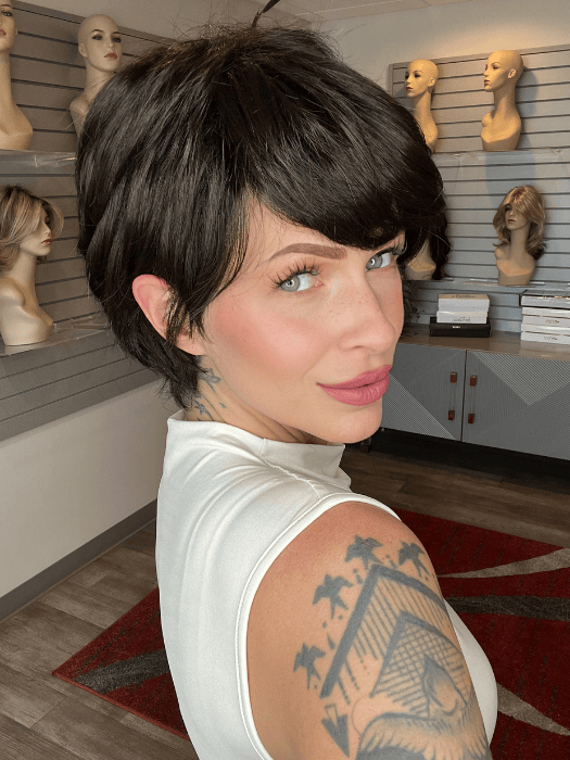 MADELINE is wearing ESPRESSO-ROOTED 2.4 | Darkest Brown base with a blend of Dark Brown and Warm Medium Brown throughout with Dark Roots