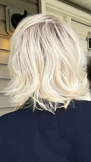 Nichole @nicholealee wearing DELIGHT by ELLEN WILLE in color PLATIN BLONDE ROOTED 61.101.1001 | Pure White and Pearl Platinum blend with Winter White and Shaded Roots
