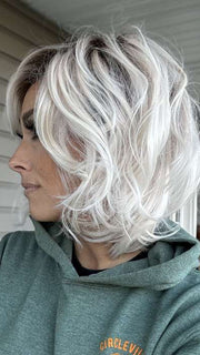 Nichole @nicholealee wearing DELIGHT by ELLEN WILLE in color PLATIN BLONDE ROOTED 61.101.1001 | Pure White and Pearl Platinum blend with Winter White and Shaded Roots
