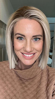 Jenny B. @thewiggygirl wearing SANTA MONICA by BELLETRESS in color CRUSHED ALMOND BLONDE R | A soft Neutral Light Blonde with a Light and Medium Blended Root Color.
