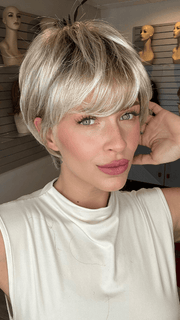 MADELINE is wearing PEARL-BLONDE-ROOTED 101.24.16 | Pearl Platinum, Dark Ash Blonde, and Medium Honey Blonde mix