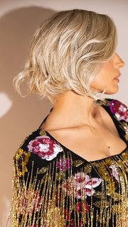 Roxie wearing TREND ALERT by GF19-23SS BISCUIT | Light Ash Blonde Evenly Blended with Cool Platinum Blonde with Dark Roots