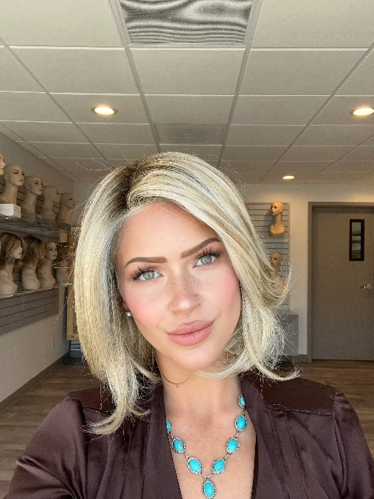 UPSTAGE by RAQUEL WELCH WIGS in color RL19/23SS SHADED BISCUIT | Light Ash Blonde Evenly Blended with Cool Platinum Blonde with Dark Roots 