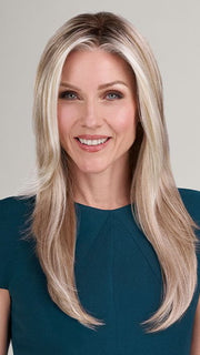 Model is wearing ZARA by JON RENAU in color 101/88/27S8 CATALINA BLONDE | Pale blonde with Pure White Natural Violet halo highlights, shaded medium brown